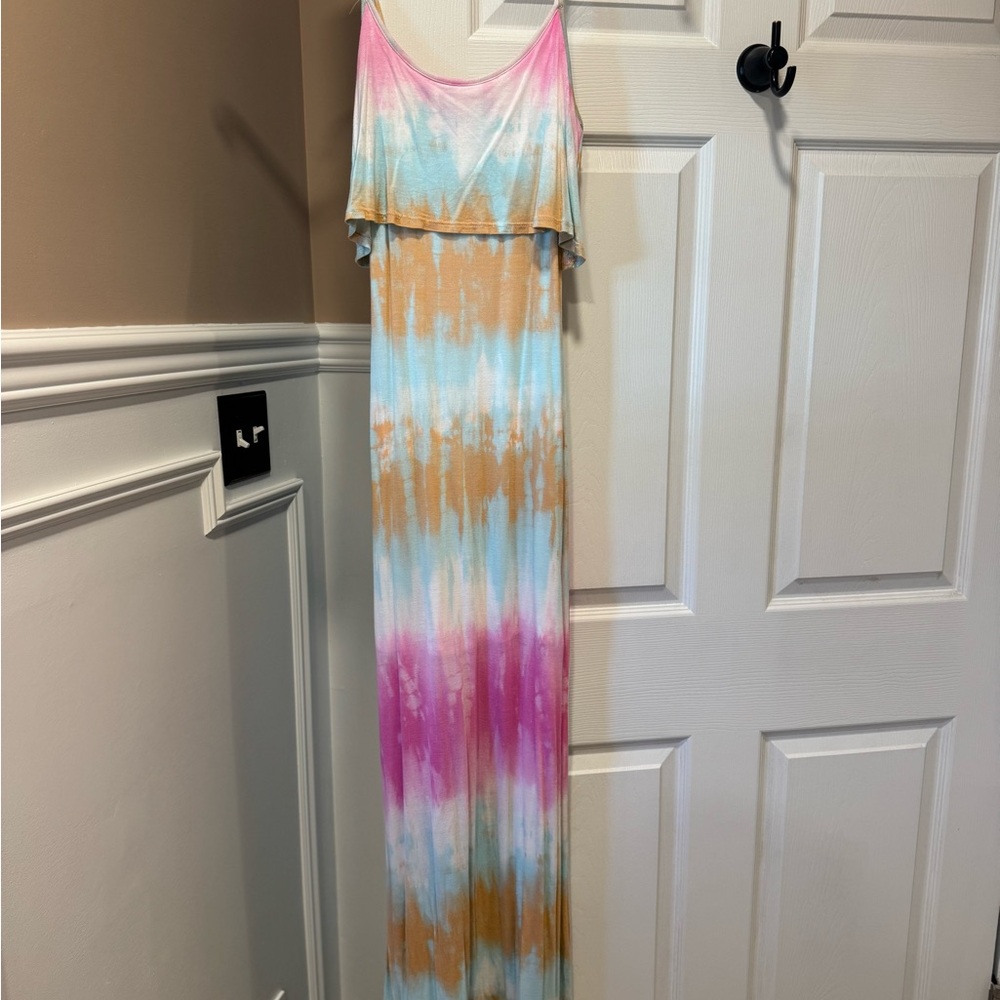 Lulu's -Dye Maxi Dress in Pink, Blue, and Tan